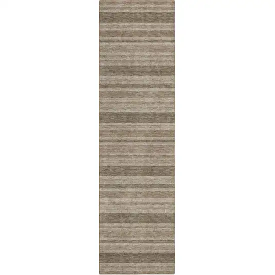 Taupe Striped Washable Indoor Outdoor Runner Rug Photo 2