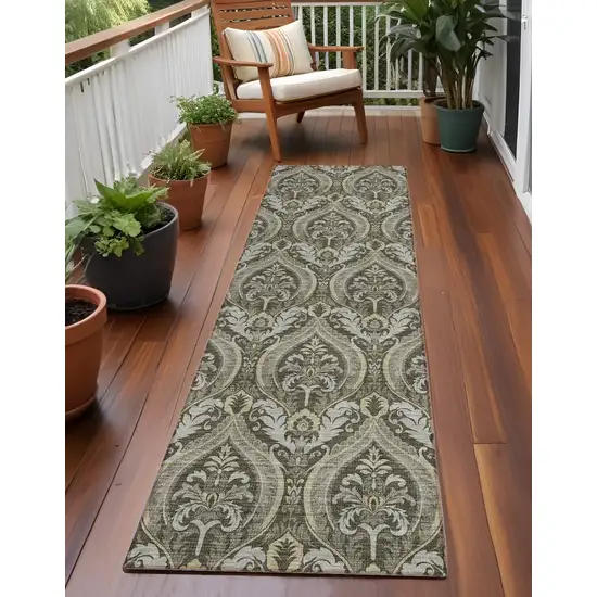 Taupe and Beige Damask Washable Non Skid Indoor Outdoor Runner Rug Photo 1