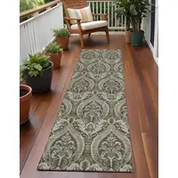 Photo of 8' Runner Taupe and Beige Damask Washable Non Skid Indoor Outdoor Runner Rug