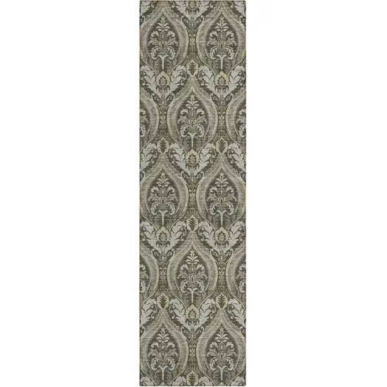 Taupe and Beige Damask Washable Non Skid Indoor Outdoor Runner Rug Photo 2