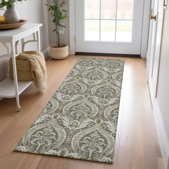 Taupe and Beige Damask Washable Non Skid Indoor Outdoor Runner Rug Photo 9