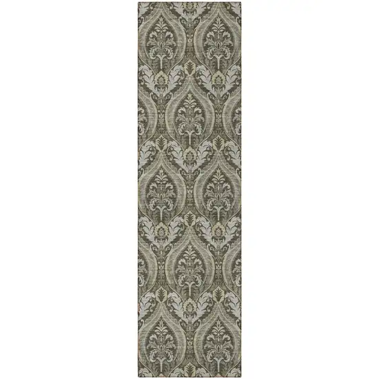 Taupe and Beige Damask Washable Non Skid Indoor Outdoor Runner Rug Photo 5