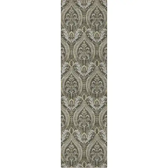 8' Runner Taupe and Beige Damask Washable Non Skid Indoor Outdoor Runner Rug Photo 4