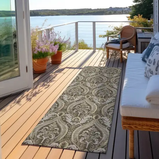 Taupe and Beige Damask Washable Non Skid Indoor Outdoor Runner Rug Photo 8