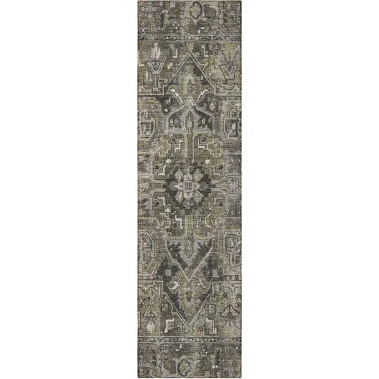 8' Runner Taupe and Dark Taupe Oriental Washable Non Skid Indoor Outdoor Runner Rug Photo 5