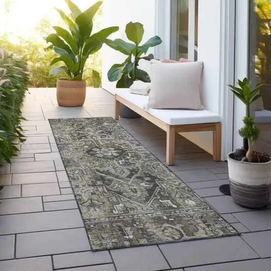 8' Runner Taupe and Dark Taupe Oriental Washable Non Skid Indoor Outdoor Runner Rug Photo 8