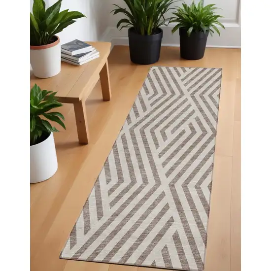 8' Runner Taupe and Ivory Geometric Washable Non Skid Indoor Outdoor Runner Rug Photo 1