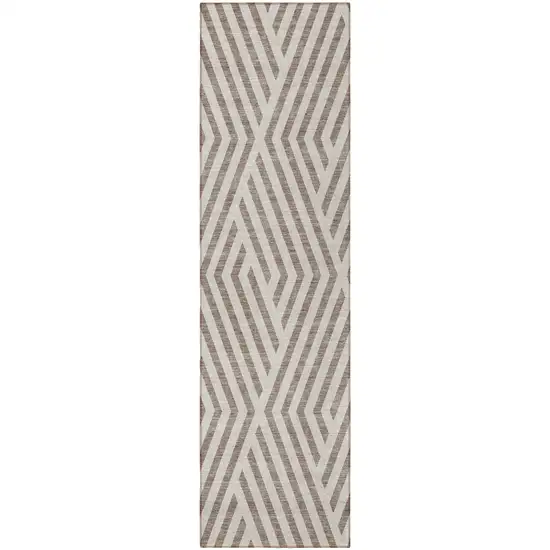 Taupe and Ivory Geometric Washable Non Skid Indoor Outdoor Runner Rug Photo 4