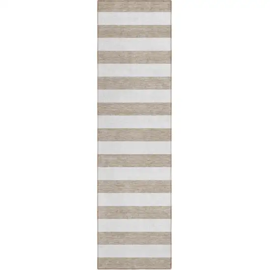 8' Runner Taupe and White Striped Washable Non Skid Indoor Outdoor Runner Rug Photo 1