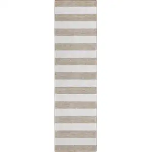 Photo of 8' Runner Taupe and White Striped Washable Non Skid Indoor Outdoor Runner Rug