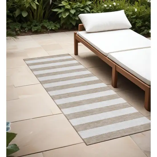 Taupe and White Striped Washable Indoor Outdoor Runner Rug Photo 1