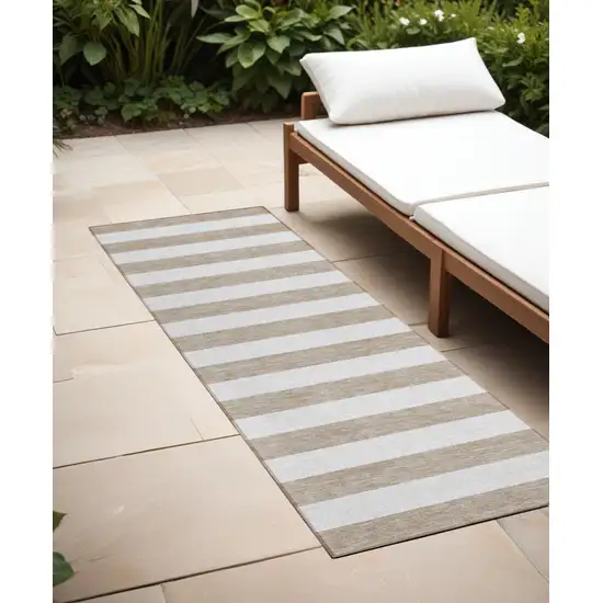 Taupe and White Striped Washable Indoor Outdoor Runner Rug Photo 1