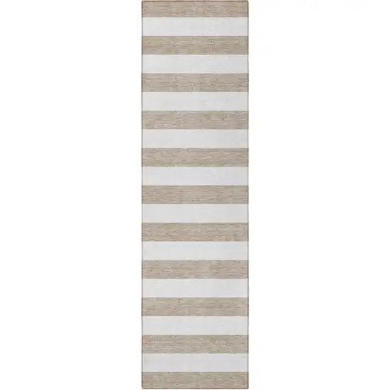 8' Runner Taupe and White Striped Washable Non Skid Indoor Outdoor Runner Rug Photo 3