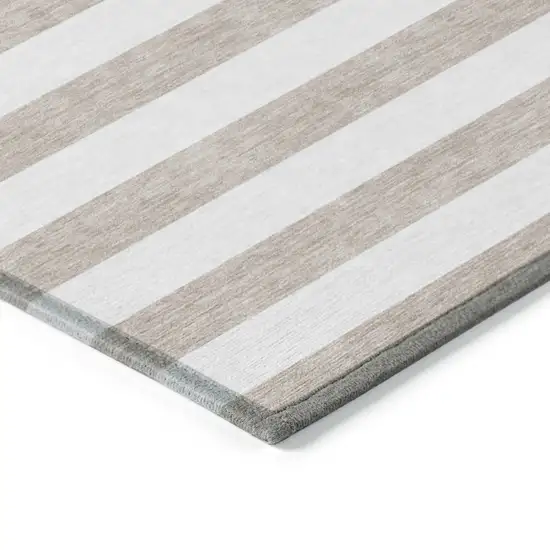 Taupe and White Striped Washable Indoor Outdoor Runner Rug Photo 6