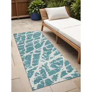 Photo of 8' Runner Teal Abstract Washable Non Skid Indoor Outdoor Runner Rug