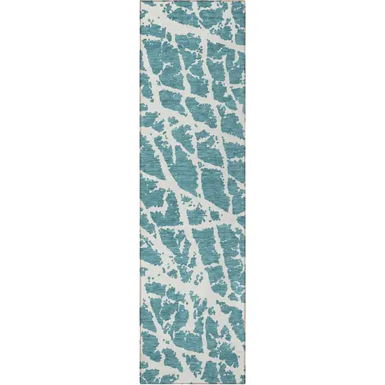 8' Runner Teal Abstract Washable Non Skid Indoor Outdoor Runner Rug Photo 4