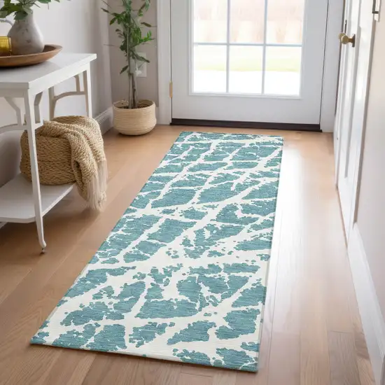 8' Runner Teal Abstract Washable Non Skid Indoor Outdoor Runner Rug Photo 9