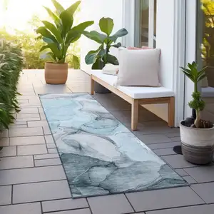 Photo of 8' Runner Teal Abstract Washable Non Skid Indoor Outdoor Runner Rug