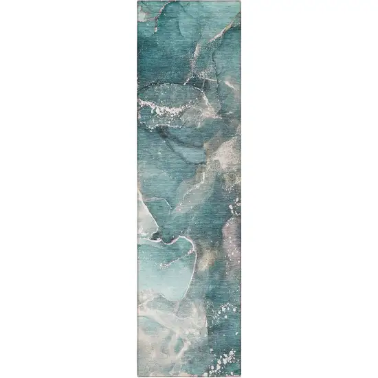 8' Runner Teal Abstract Washable Non Skid Indoor Outdoor Runner Rug Photo 4