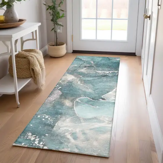 Teal Abstract Washable Non Skid Indoor Outdoor Runner Rug Photo 9