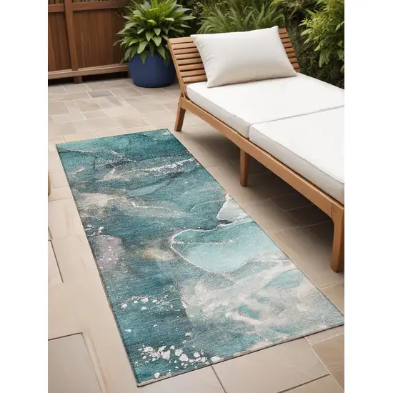 8' Runner Teal Abstract Washable Non Skid Indoor Outdoor Runner Rug Photo 1