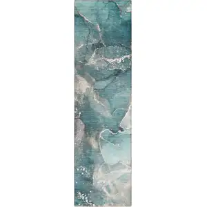 Photo of 8' Runner Teal Abstract Washable Non Skid Indoor Outdoor Runner Rug