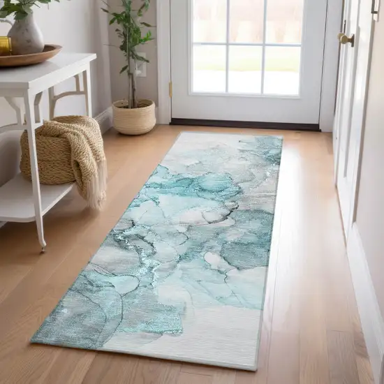 8' Runner Teal Abstract Washable Non Skid Indoor Outdoor Runner Rug Photo 9