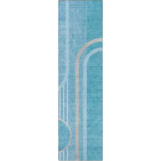 8' Runner Teal Abstract Washable Non Skid Indoor Outdoor Runner Rug Photo 3