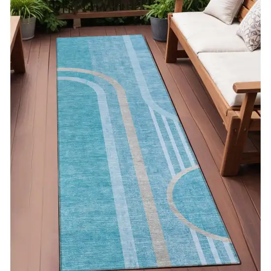 Teal Abstract Washable Indoor Outdoor Runner Rug Photo 1