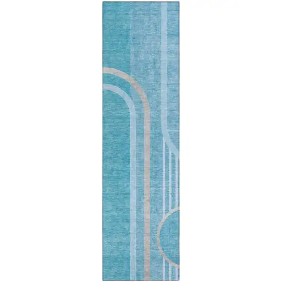 Teal Abstract Washable Indoor Outdoor Runner Rug Photo 2