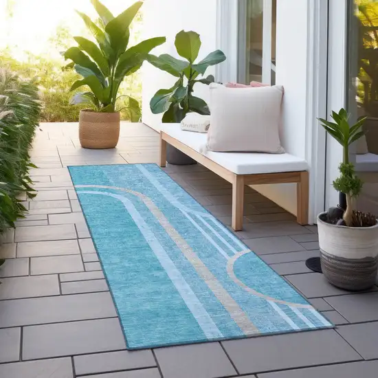 Teal Abstract Washable Indoor Outdoor Runner Rug Photo 6