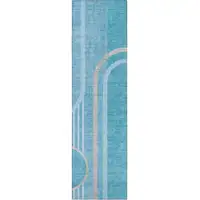 Photo of 8' Runner Teal Abstract Washable Non Skid Indoor Outdoor Runner Rug