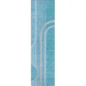 Photo of 8' Runner Teal Abstract Washable Non Skid Indoor Outdoor Runner Rug