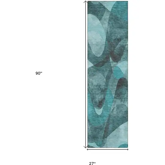 8' Runner Teal Abstract Washable Non Skid Indoor Outdoor Runner Rug Photo 3