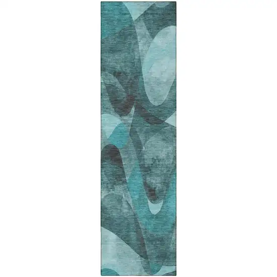 8' Runner Teal Abstract Washable Non Skid Indoor Outdoor Runner Rug Photo 5