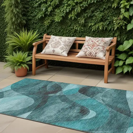 8' Runner Teal Abstract Washable Non Skid Indoor Outdoor Runner Rug Photo 1