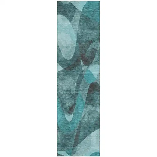 8' Runner Teal Abstract Washable Non Skid Indoor Outdoor Runner Rug Photo 2