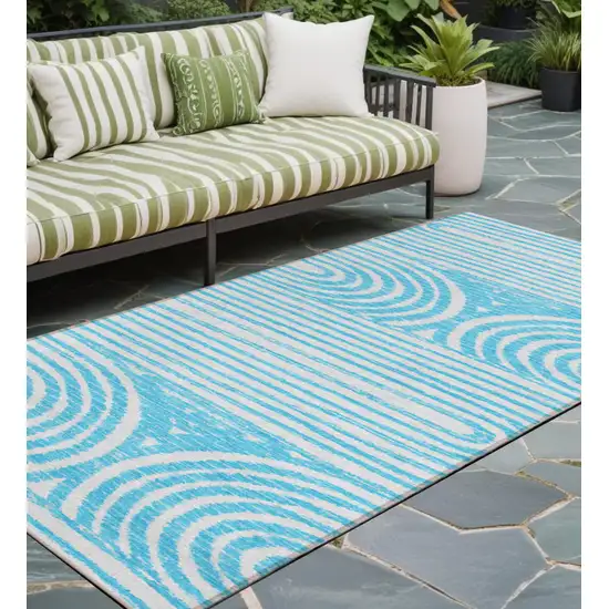 Teal and White Abstract Washable Non Skid Indoor Outdoor Area Rug Photo 1