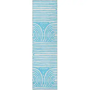 Photo of 8' Runner Teal Abstract Washable Non Skid Indoor Outdoor Runner Rug