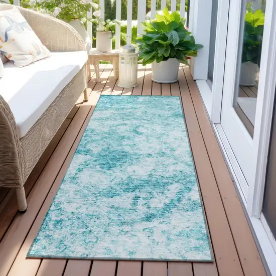 8' Runner Teal Abstract Washable Non Skid Indoor Outdoor Runner Rug Photo 8