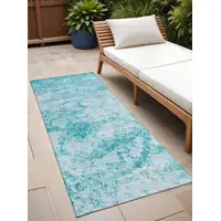 Photo of 8' Runner Teal Abstract Washable Non Skid Indoor Outdoor Runner Rug