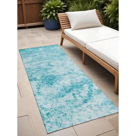 8' Runner Teal Abstract Washable Non Skid Indoor Outdoor Runner Rug Photo 1