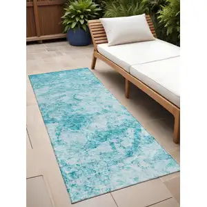 Photo of 8' Runner Teal Abstract Washable Non Skid Indoor Outdoor Runner Rug