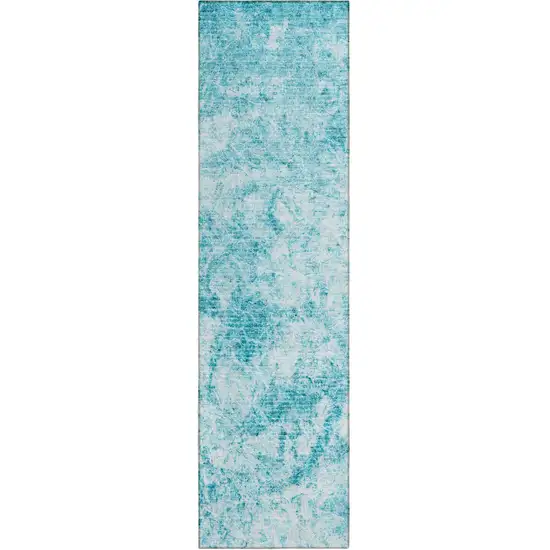 8' Runner Teal Abstract Washable Non Skid Indoor Outdoor Runner Rug Photo 2