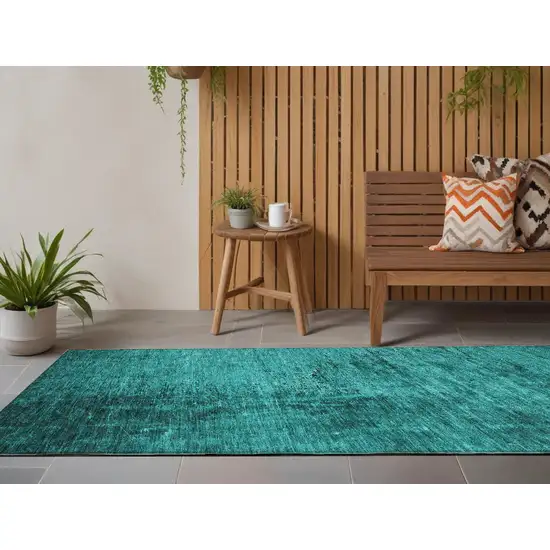 Teal Abstract Washable Non Skid Indoor Outdoor Runner Rug Photo 1