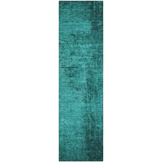 Teal Abstract Washable Non Skid Indoor Outdoor Runner Rug Photo 2