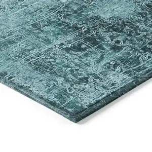 Photo of 8' Runner Teal Abstract Washable Non Skid Indoor Outdoor Runner Rug