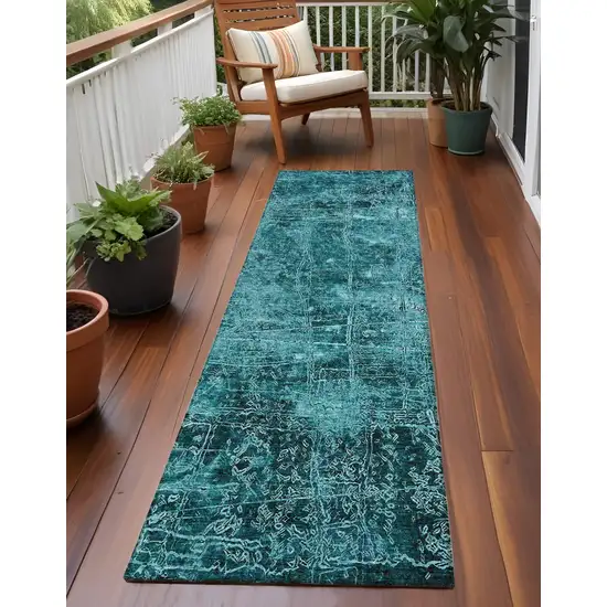 Teal Abstract Washable Non Skid Indoor Outdoor Runner Rug Photo 1