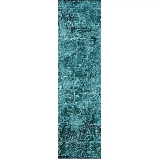 8' Runner Teal Abstract Washable Non Skid Indoor Outdoor Runner Rug Photo 4