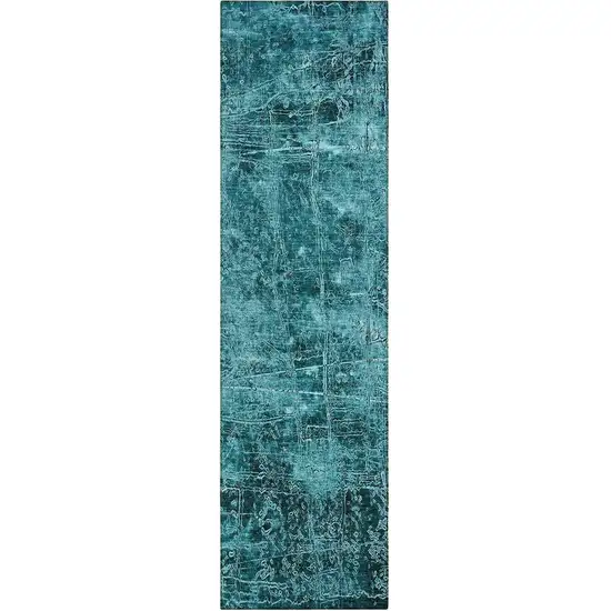 8' Runner Teal Abstract Washable Non Skid Indoor Outdoor Runner Rug Photo 2